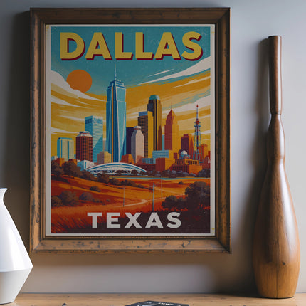 Dallas, Texas skyline with skyscrapers and a warm sunset.