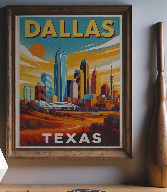 Dallas, Texas skyline with skyscrapers and a warm sunset.