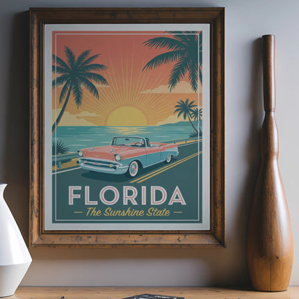 Retro Florida travel poster with sunset, palm trees, and convertible car.