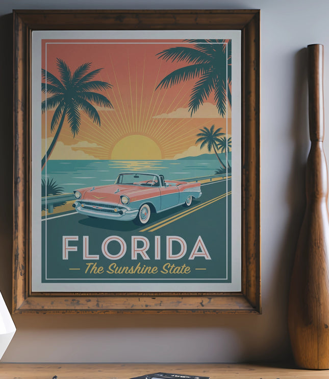 Retro Florida travel poster with sunset, palm trees, and convertible car.