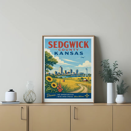 Sedgwick County Kansas travel poster with cityscape, fields, and text.