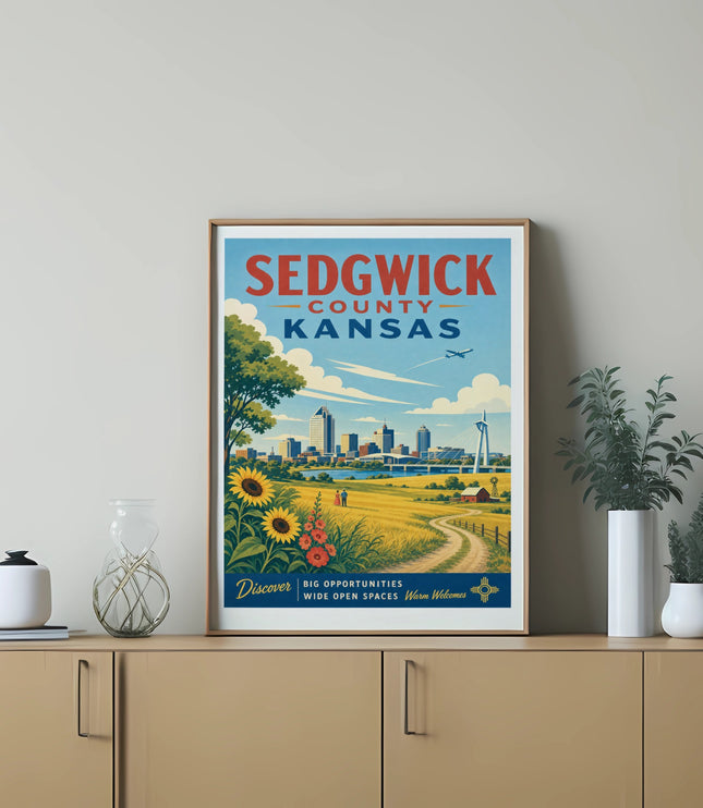 Sedgwick County Kansas travel poster with cityscape, fields, and text.