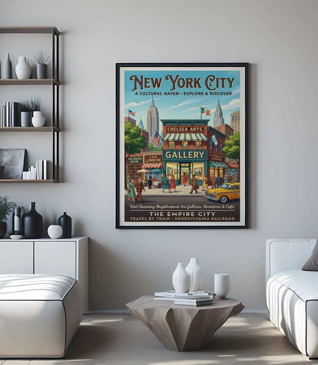 Framed "New York City" vintage travel poster depicting Chelsea Arts Gallery and neighborhood scenes.
