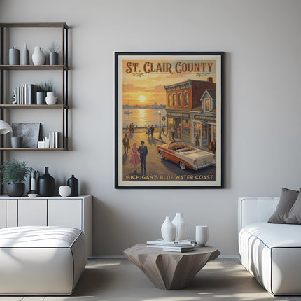 Vintage poster of St. Clair County shoreline scene with text, parked car, and couples walking.