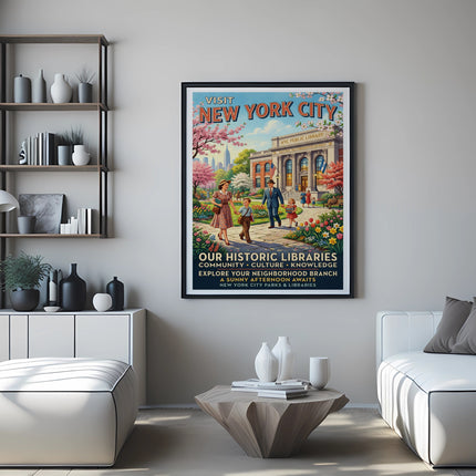New York City Public Library poster with family and blossoms.