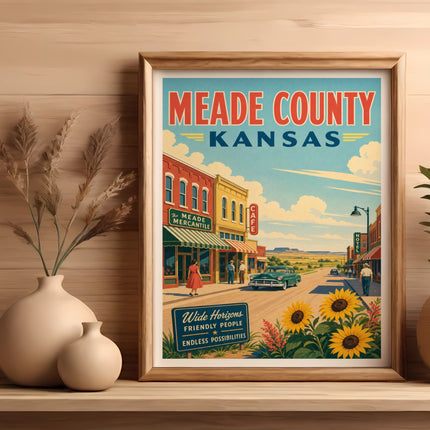 Vintage travel poster for Meade County, Kansas with sunflowers and a classic car.