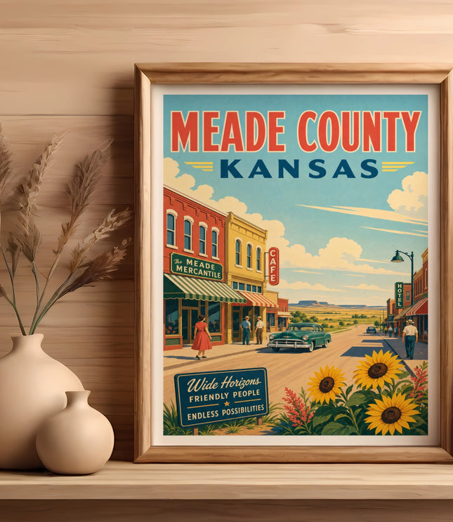 Vintage travel poster for Meade County, Kansas with sunflowers and a classic car.