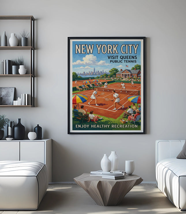 Vintage New York City Public Tennis poster with skyline, showing tennis players and spectators.