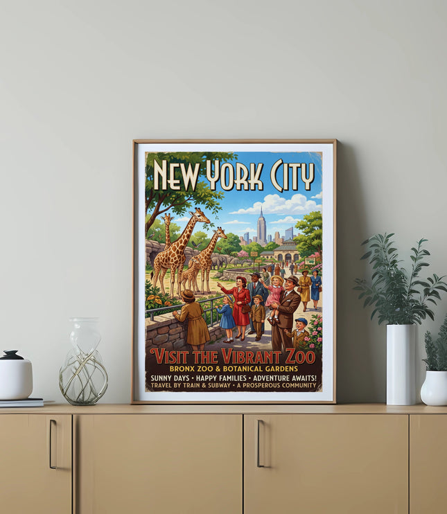 Vibrant New York City poster of the Bronx Zoo with giraffes and families.