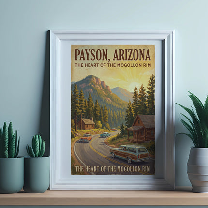 Vintage poster of Payson, Arizona with mountains, trees, and cars.