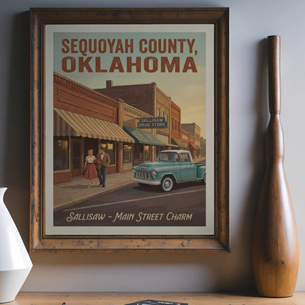 Retro poster of Sallisaw, Oklahoma featuring a couple and a turquoise pickup truck.