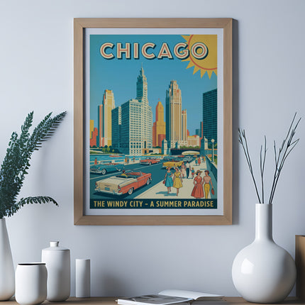 Vintage Chicago skyline poster with "The Windy City - A Summer Paradise" text.
