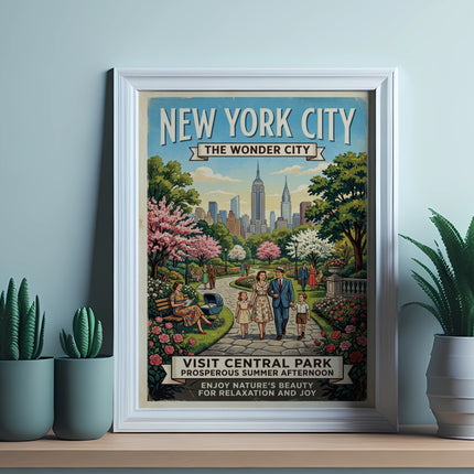 New York City poster with Central Park scene and text.