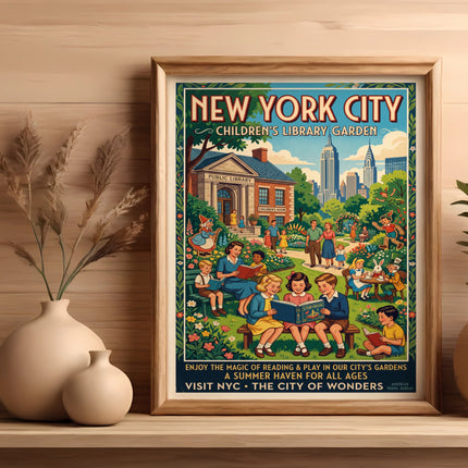New York City Children's Library Garden poster with colorful illustration and text.