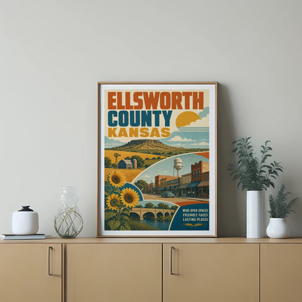 Ellsworth County Kansas vintage travel poster with sunflowers and town buildings.