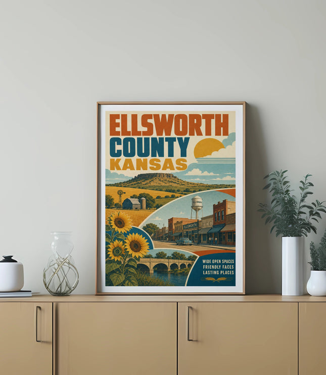 Ellsworth County Kansas vintage travel poster with sunflowers and town buildings.