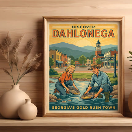 Vintage travel poster for Dahlonega, GA, featuring gold panning.