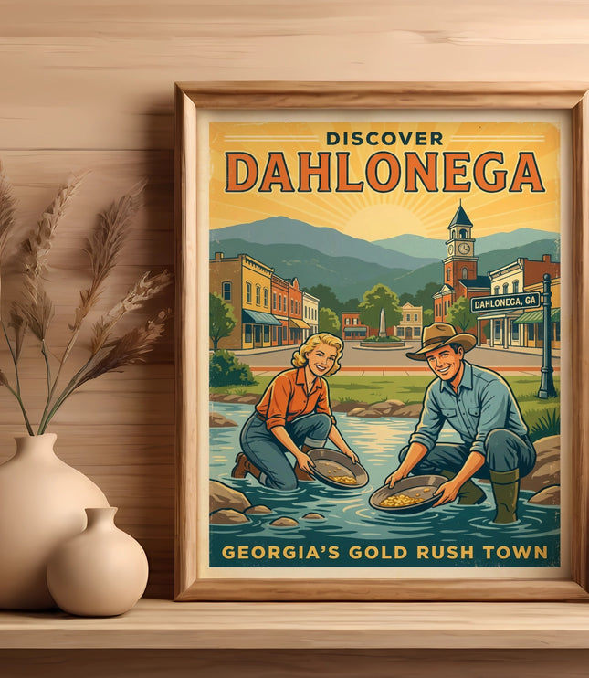 Vintage travel poster for Dahlonega, GA, featuring gold panning.