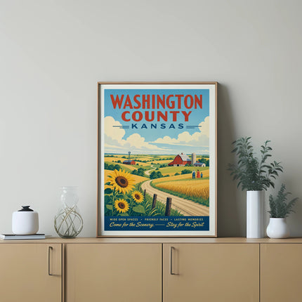 Washington County Kansas poster with fields, farm, and text.