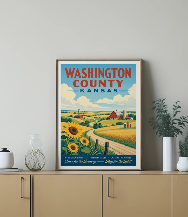 Washington County Kansas poster with fields, farm, and text.