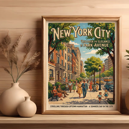 New York City Park Avenue vintage poster with people strolling, cars, and buildings.