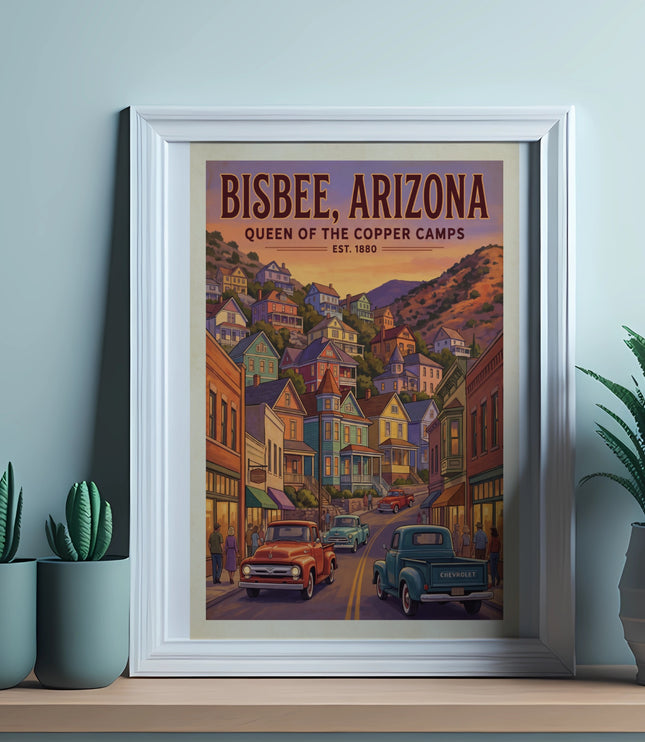 Poster: Bisbee, Arizona - Queen of the Copper Camps, Est. 1880, with vintage cars.