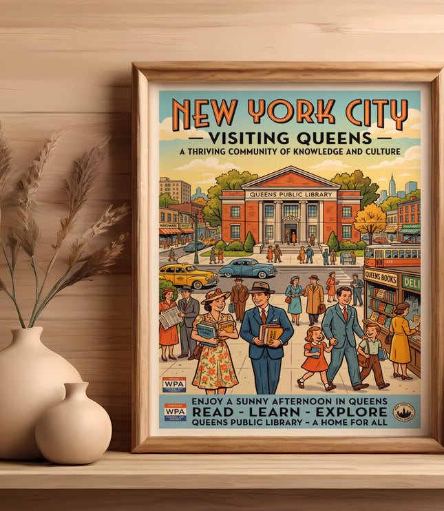Vintage poster of New York City "Visiting Queens" with 1930s style illustrations.