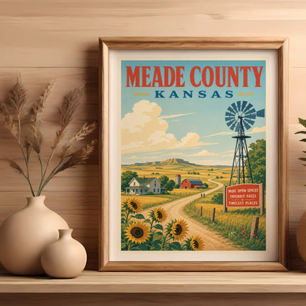 Vintage travel poster of Meade County, Kansas with farm scene and sunflowers.