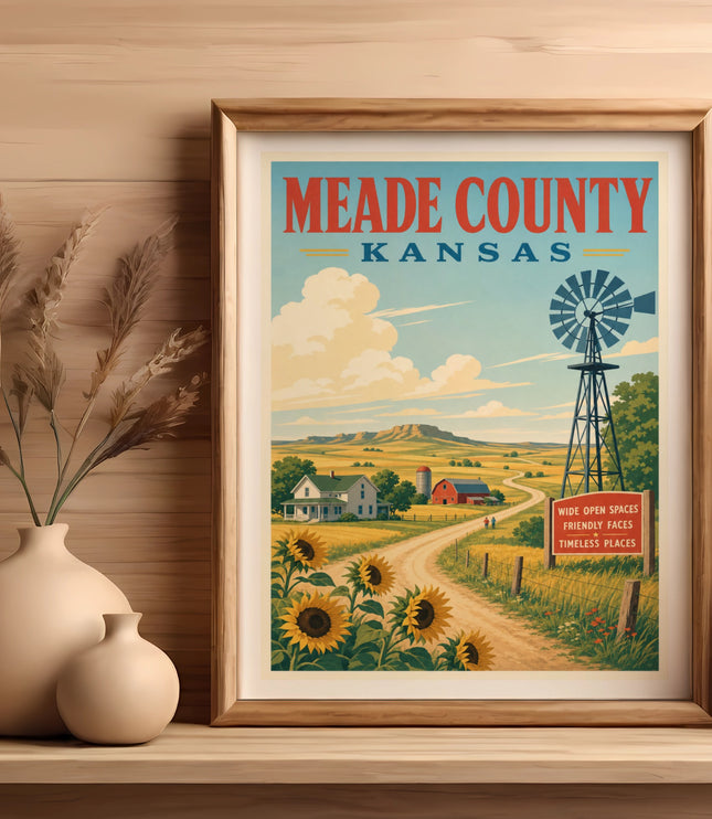 Vintage travel poster of Meade County, Kansas with farm scene and sunflowers.