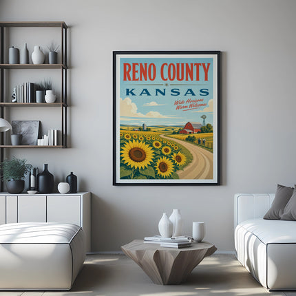 Reno County Kansas travel poster with sunflowers, barn, and wide horizons.