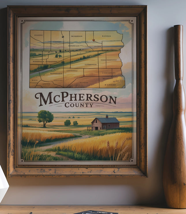 Map of McPherson County, Kansas, showing townships and rural landscape.