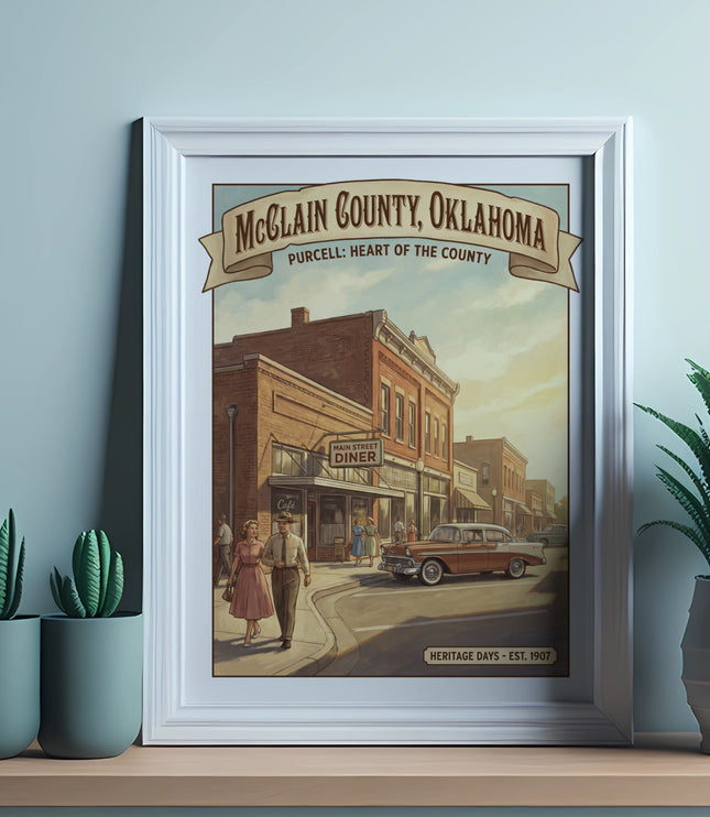 McClain County, Oklahoma art with a vintage diner scene and text.