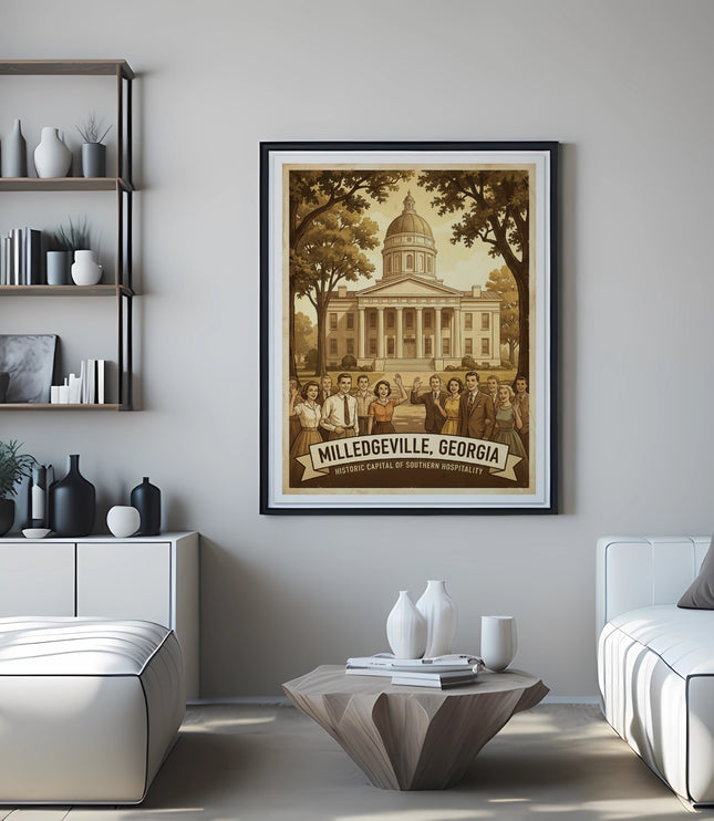 Framed vintage poster of Milledgeville, Georgia with the State Capitol building.