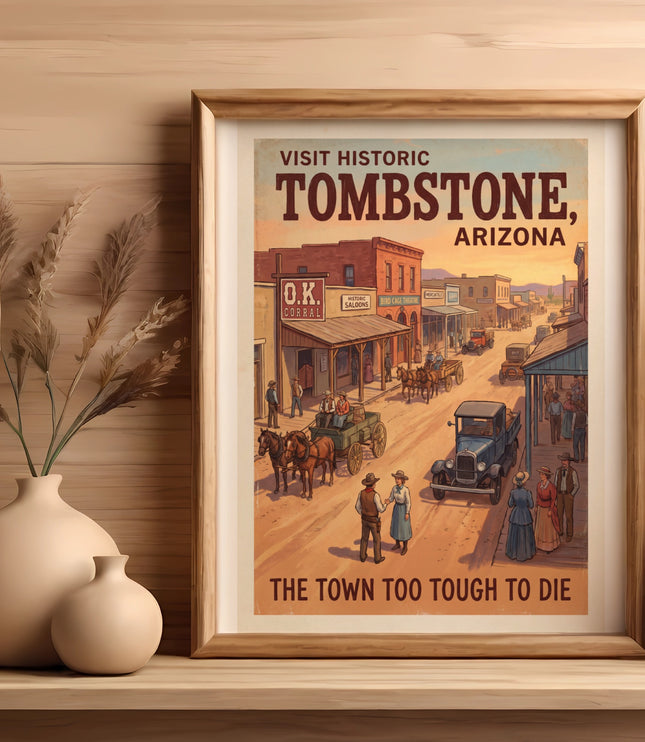Vintage poster of Tombstone, Arizona with O.K. Corral and townspeople.