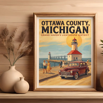 Ottawa County, Michigan vintage travel poster featuring Grand Haven Lighthouse and pier.