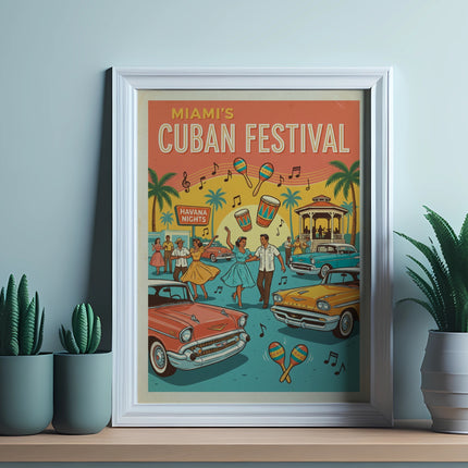 Framed poster for Miami's Cuban Festival featuring vintage cars and dancing figures.