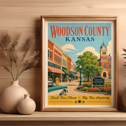 Vintage Woodson County, Kansas poster featuring Yates Center with buildings and text.