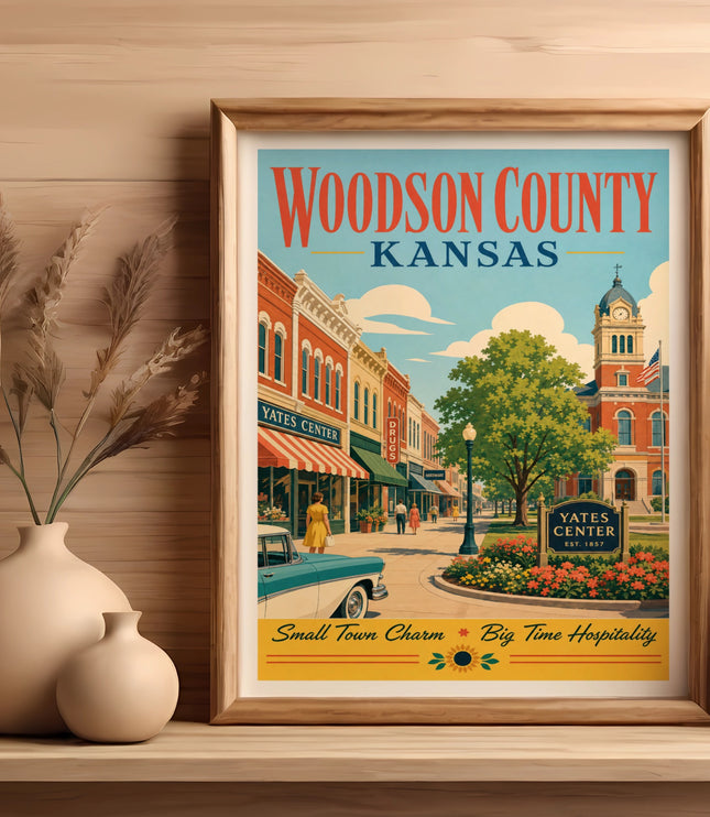Vintage Woodson County, Kansas poster featuring Yates Center with buildings and text.