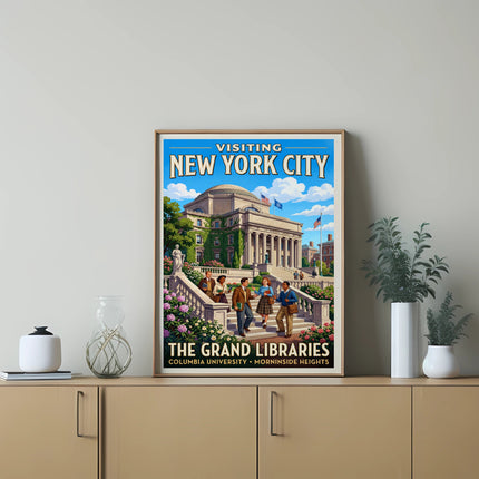 Vintage poster for visiting New York City featuring Columbia University's grand libraries.