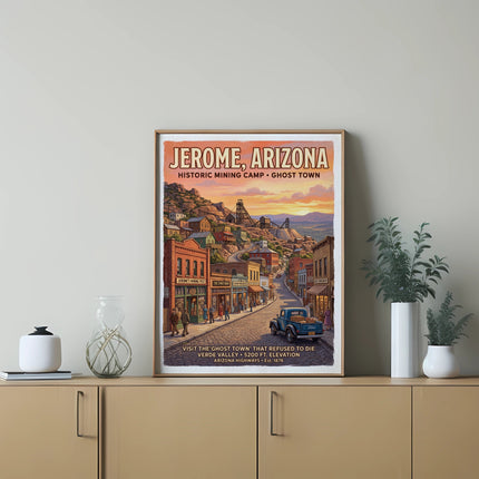 Jerome, Arizona historic mining camp ghost town poster with vintage street scene.