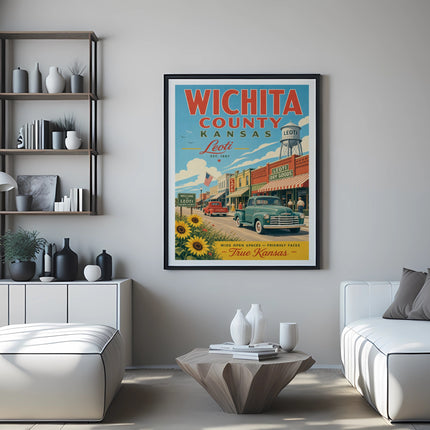 Vintage poster for Wichita County, Kansas, featuring Leoti and a classic car.