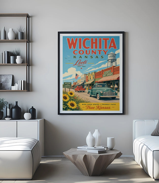Vintage poster for Wichita County, Kansas, featuring Leoti and a classic car.