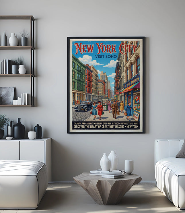 New York City Visit Soho vintage poster with bustling street scene.