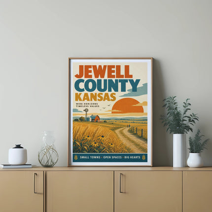 Poster of Jewell County Kansas landscape with text and farm scene.