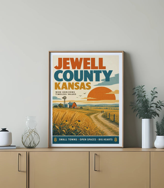 Poster of Jewell County Kansas landscape with text and farm scene.