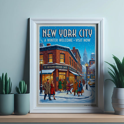 Vintage poster of "The Neighborhood Cafe" in New York City during winter.