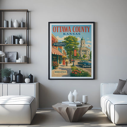 Poster art of Ottawa County, Kansas, featuring Minneapolis and a historic building.