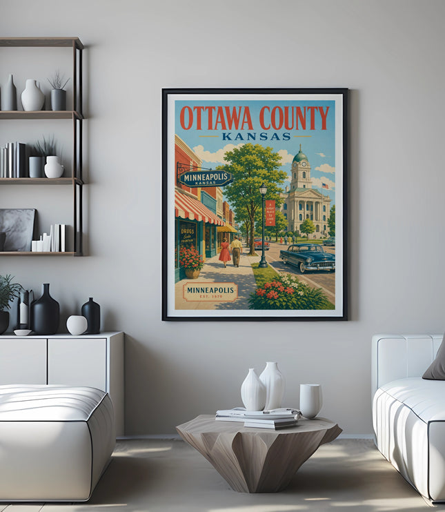 Poster art of Ottawa County, Kansas, featuring Minneapolis and a historic building.
