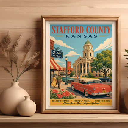 Stafford County, Kansas vintage travel poster with text.