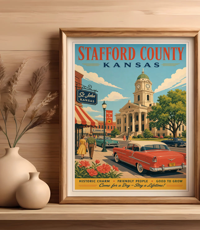 Stafford County, Kansas vintage travel poster with text.